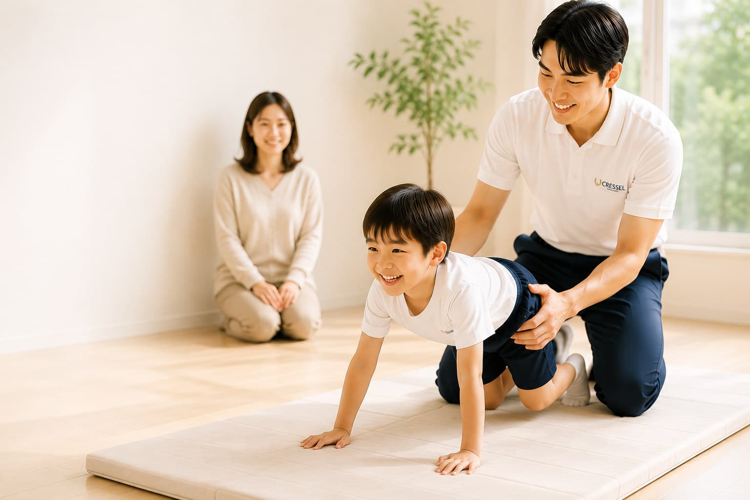 小学校受験専門のマンツーマン体操レッスンを行う講師とお子さま