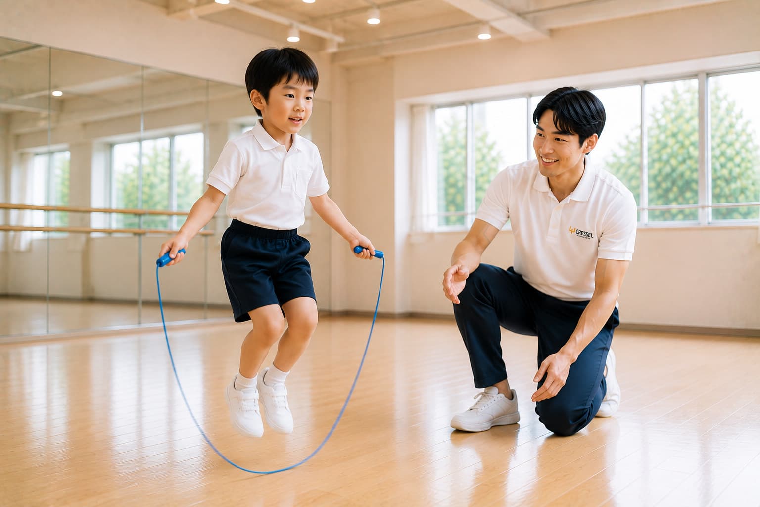 マンツーマンで縄跳びを指導する小学校受験体操レッスン